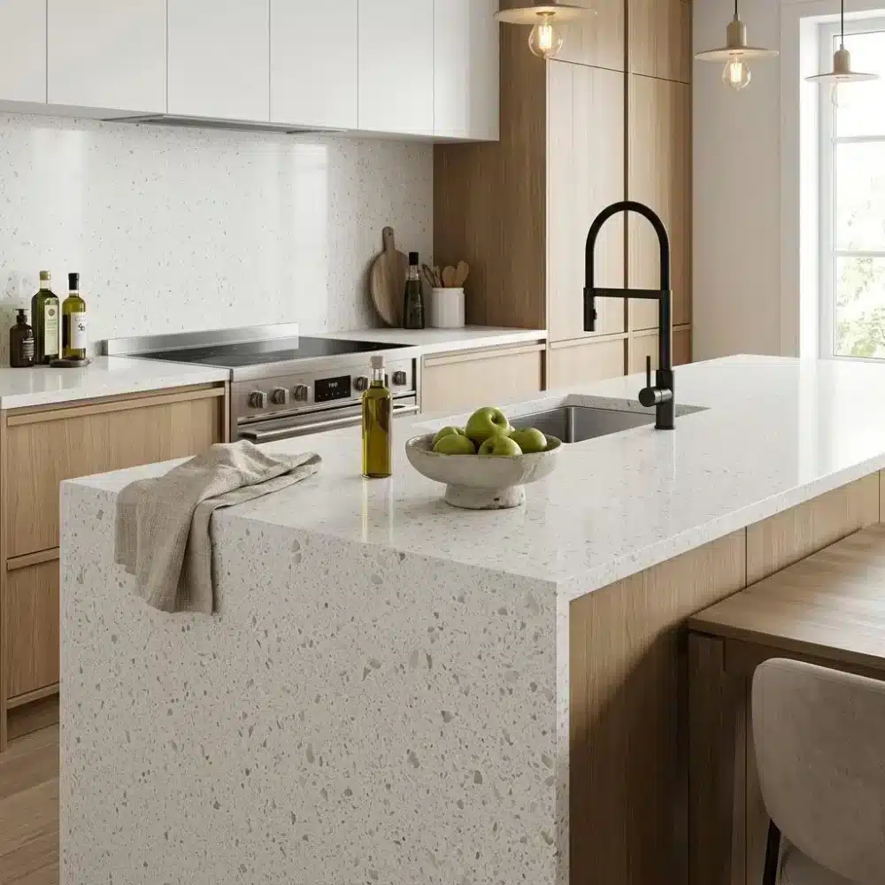 white quartz slab with terrazzo texture gq cr117 for wholesale