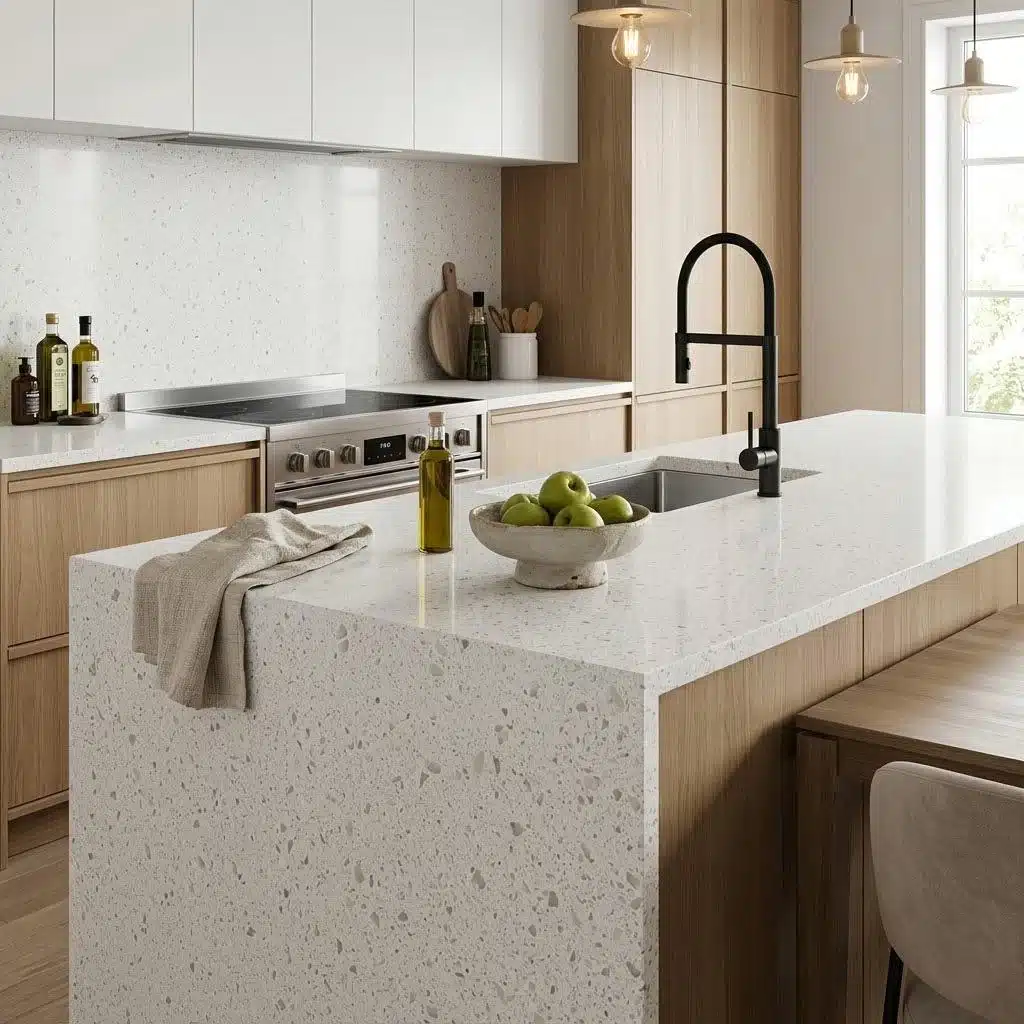 white quartz slab with terrazzo texture gq cr117 for wholesale