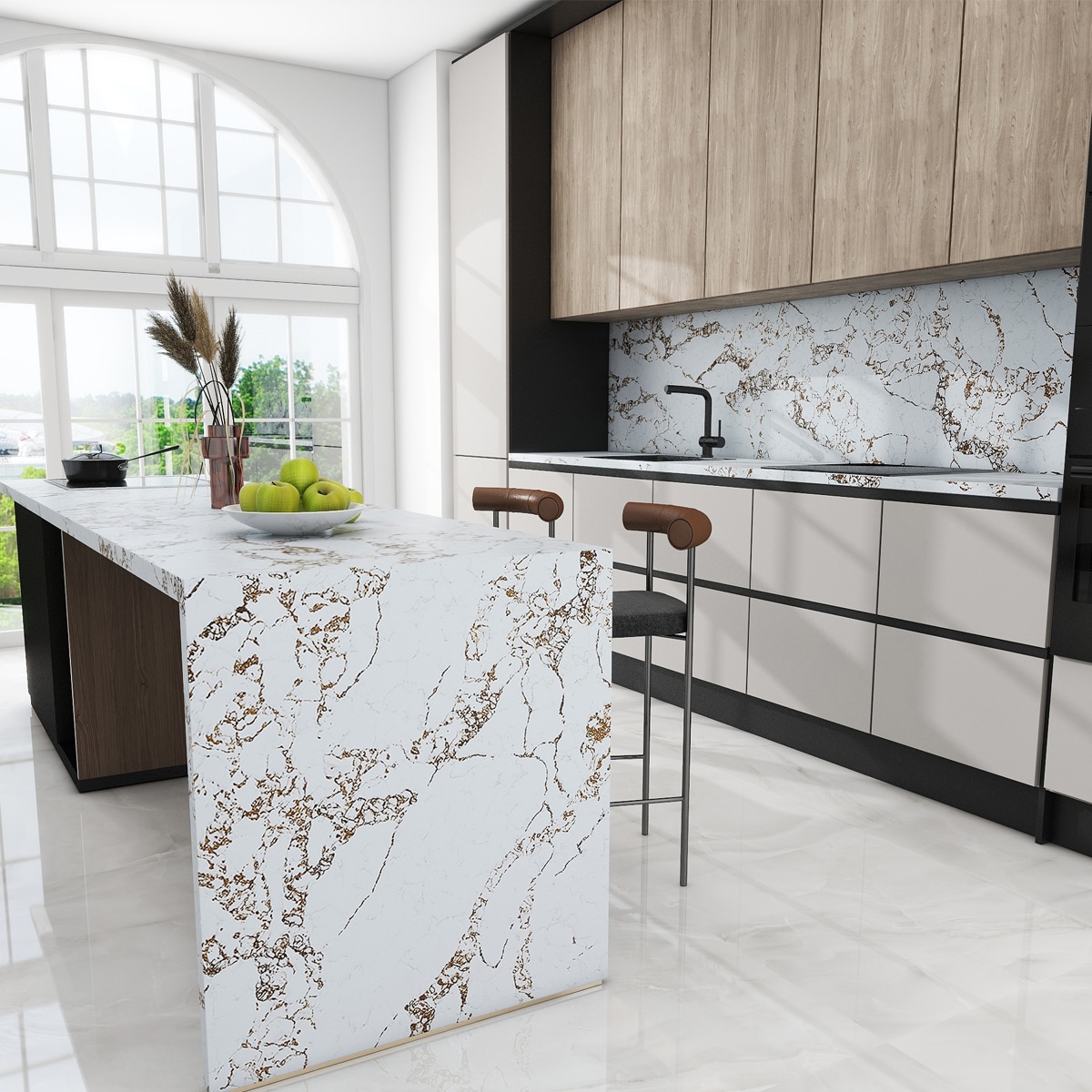 t254 application classic gold vein white quartz kitchen slabs soft icy rich bronze brown warm copper accent