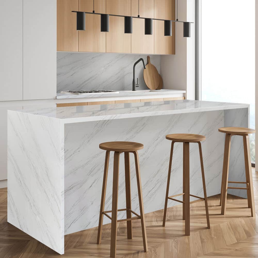 t259 application bulk wood vein white quartz worktops pale icy blue thin charcoal grey linear faint bronze trace