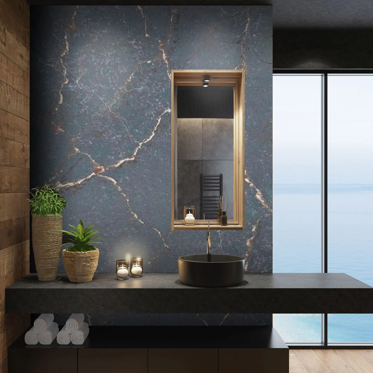 Application Calacatta Midnight Gold Vein Quartz Surface GQ-T352 for Wholesale