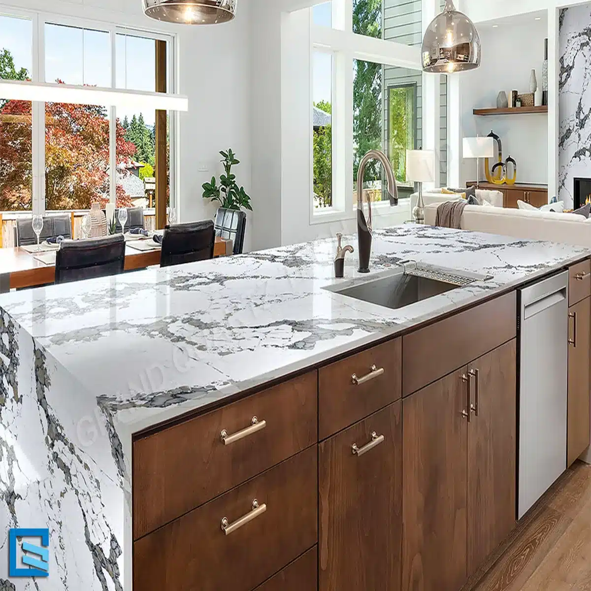 t404 application Calacatta Arabescato Gold Quartz Surface GQ-T404 for Wholesale