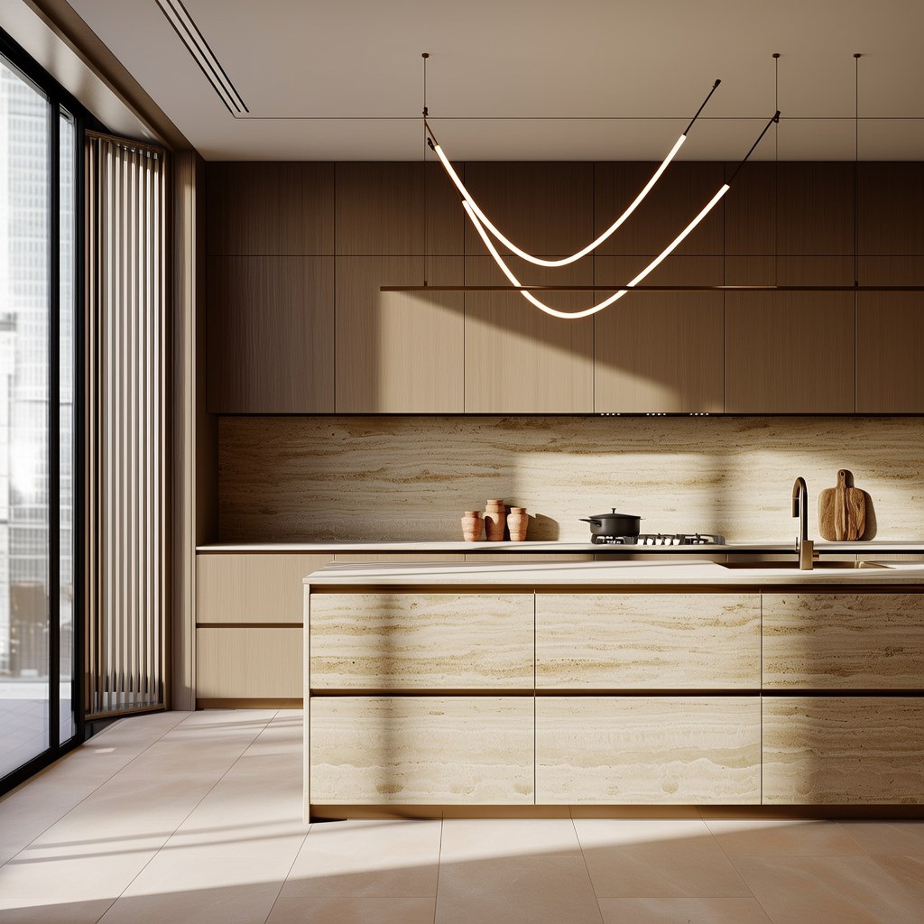 Warm white quartz countertop with soft gold veining in a modern kitchen