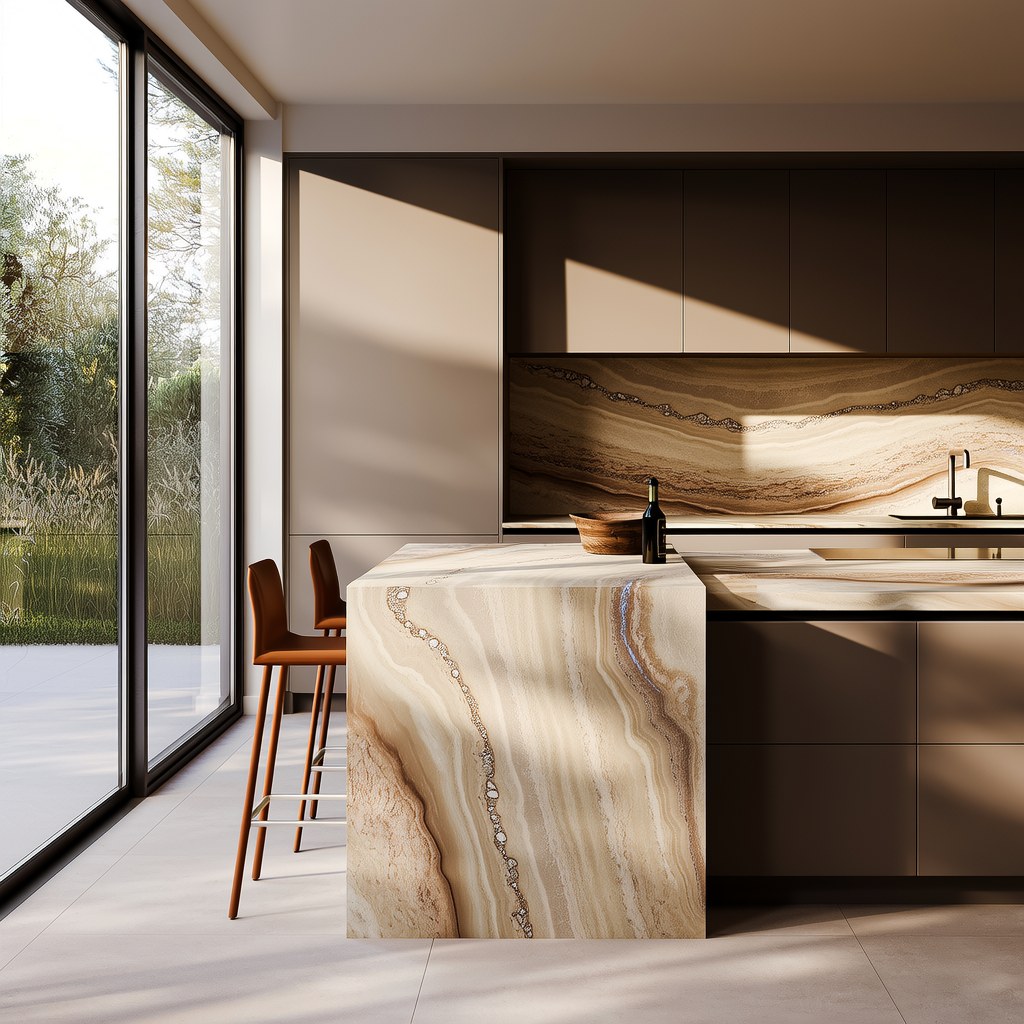Taj Mahal-inspired quartz countertop with walnut cabinets