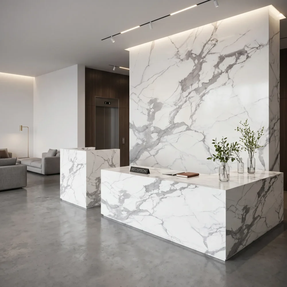 gq r0245 feature pic white calacatta quartz slab with dramatic gray vein crisp pure white bold charcoal grey vein medium ash grey cloud