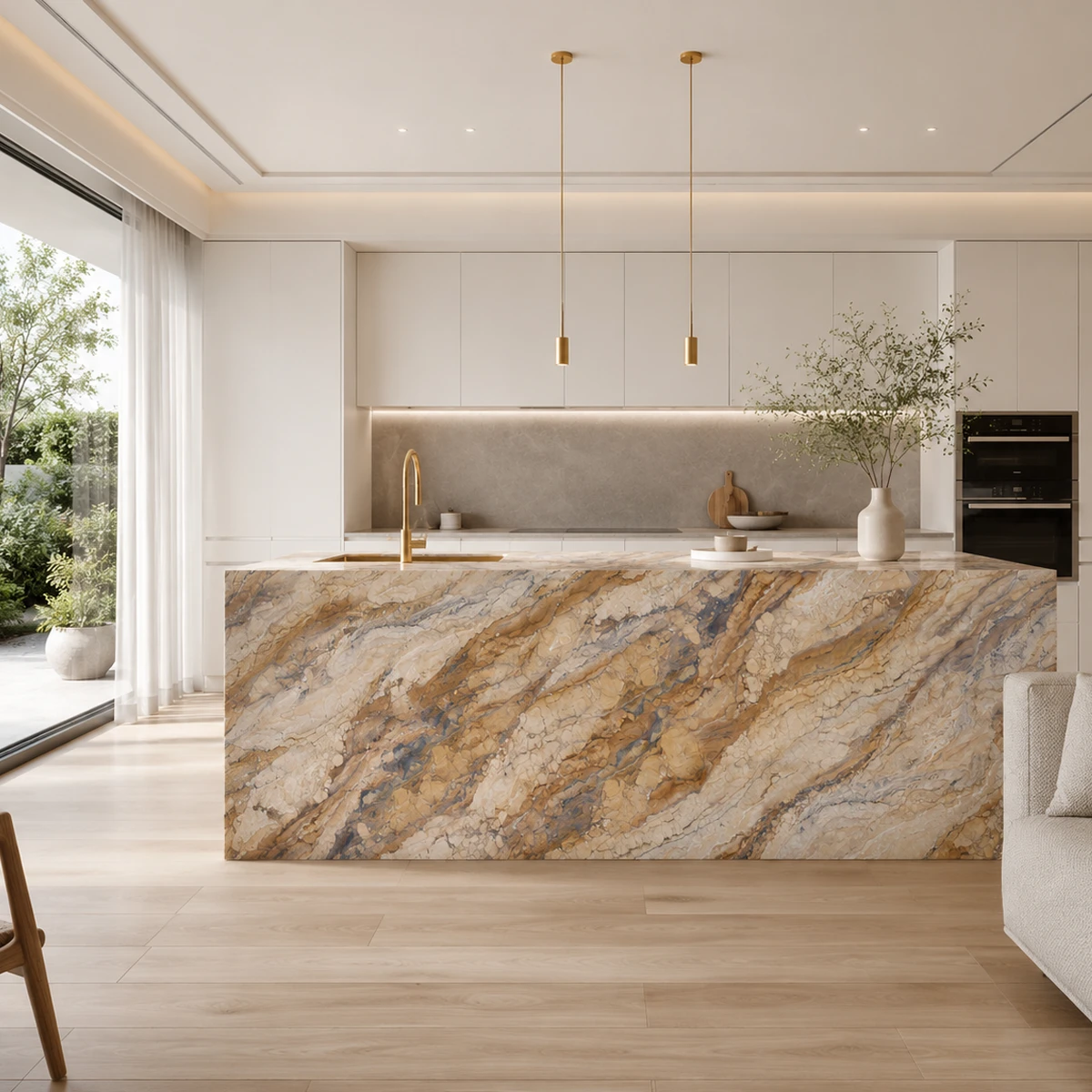 gq r0261 feature pic patagonia royale quartz surface warm beige taupe rich bronze brown vein cool grey green swirl
