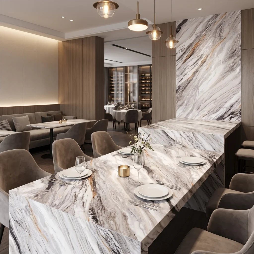 gq r0263 feature pic aurelius white dolomite quartz countertops cool silver grey white bold dark charcoal grey vein warm gold highlight 2