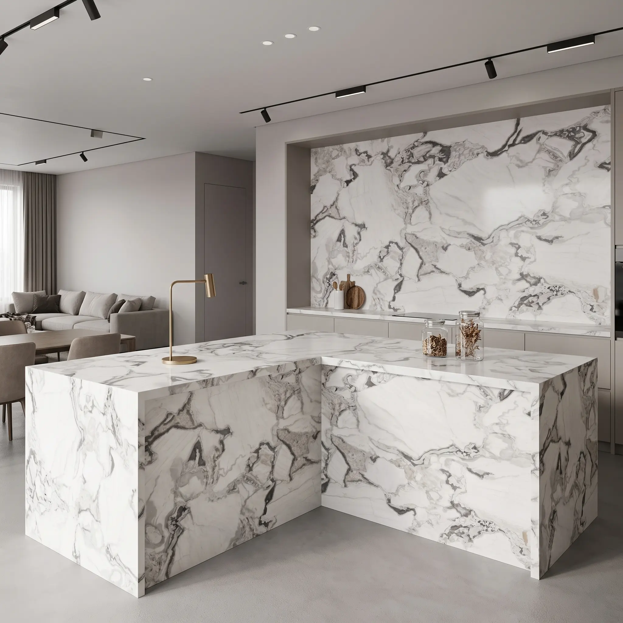 gq r0264 feature pic dover white quartz surface bright pure white medium charcoal grey vein soft ash grey cloud