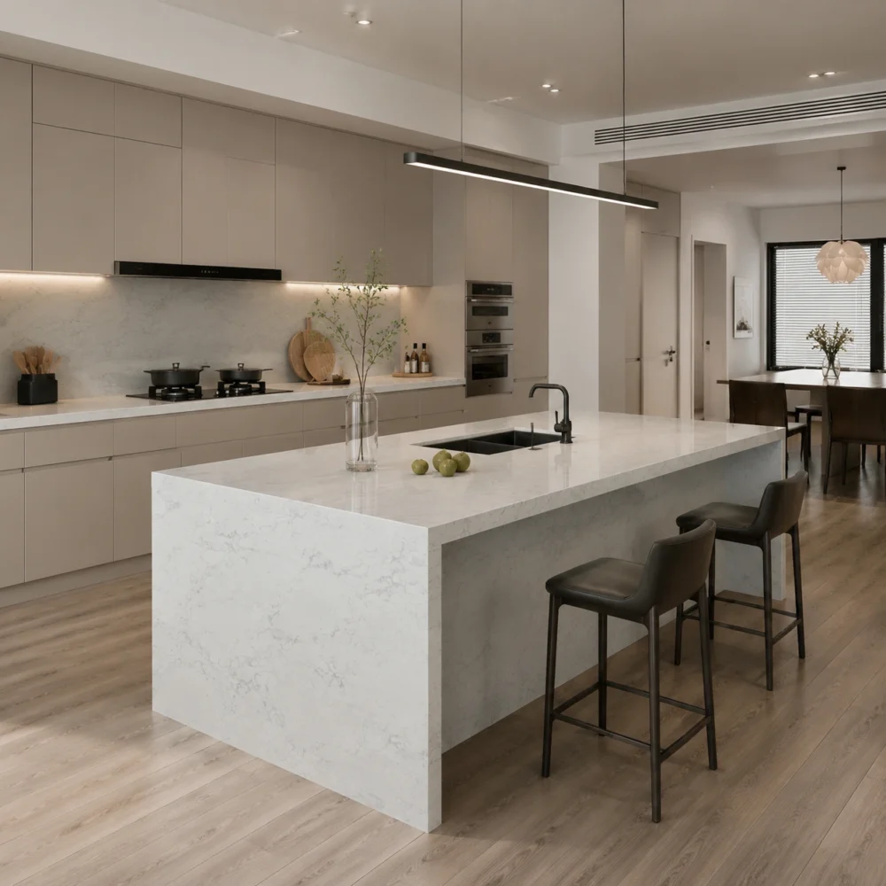 gq t0117 feature pic calacatta arabescato quartz countertops soft cool white with light grey undertone delicate fine silver grey vein network