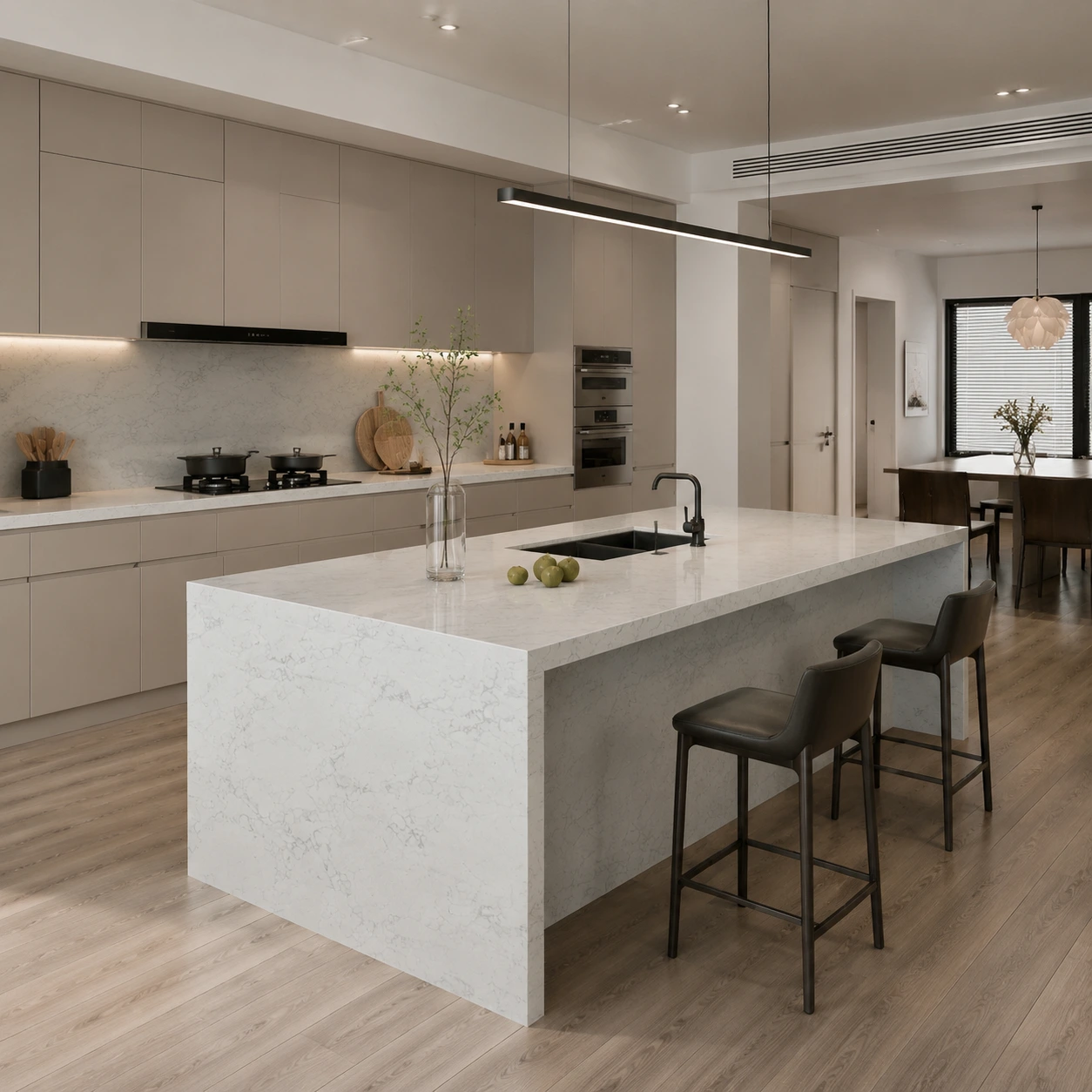 gq t0117 feature pic calacatta arabescato quartz countertops soft cool white with light grey undertone delicate fine silver grey vein network
