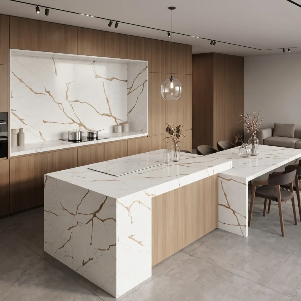gq t0118 feature pic calacatta gold quartz slab pale cool grey white bold warm bronze brown vein delicate grey spiderweb crack