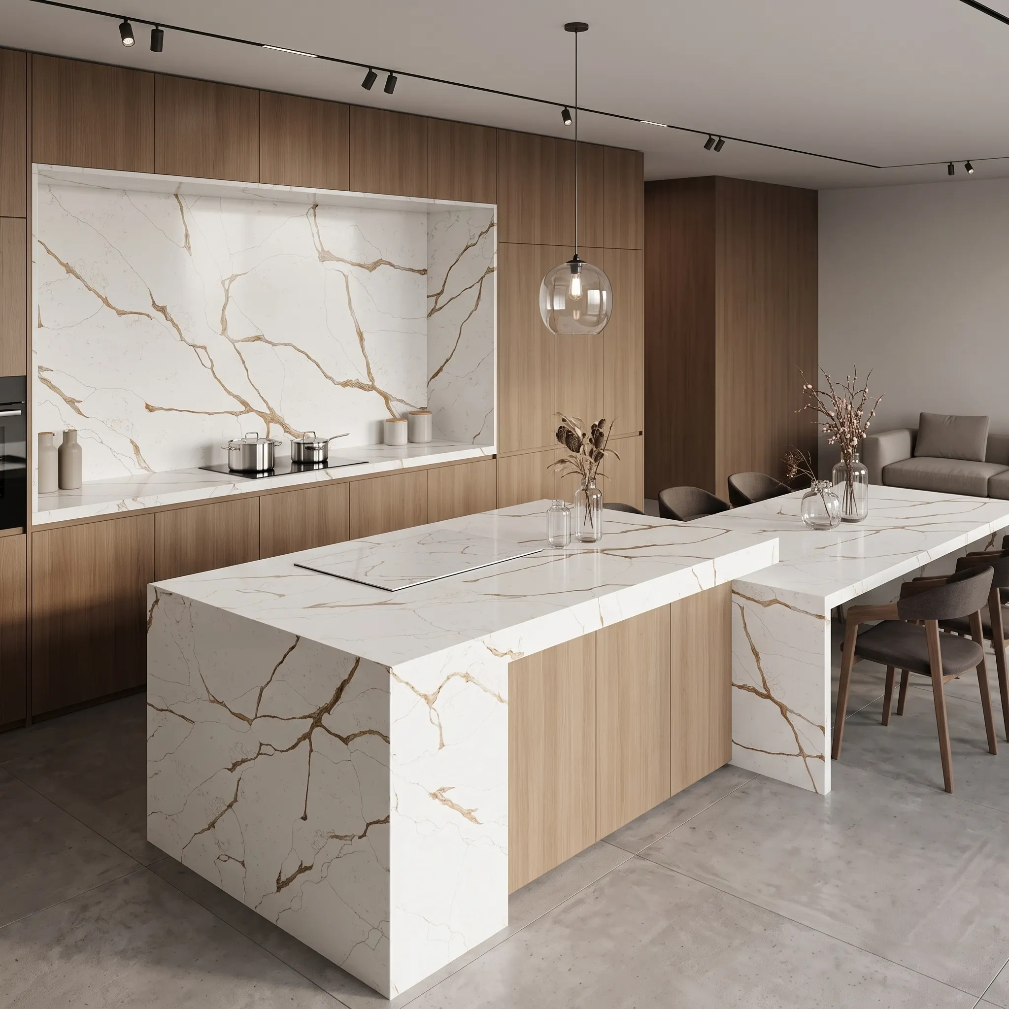 gq t0118 feature pic calacatta gold quartz slab pale cool grey white bold warm bronze brown vein delicate grey spiderweb crack