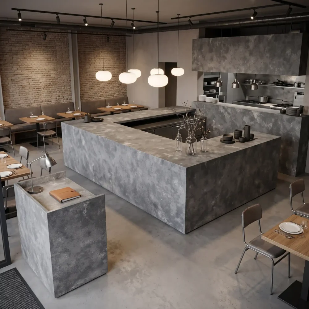 gq t120 feature pic dark concrete gray quartz surface medium grey light grey mottled cloud texture darker grey patch 2
