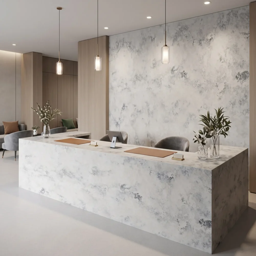 gq t126 feature pic light concrete quartz slab cool light grey medium grey mottled patch subtle darker grey spot 2