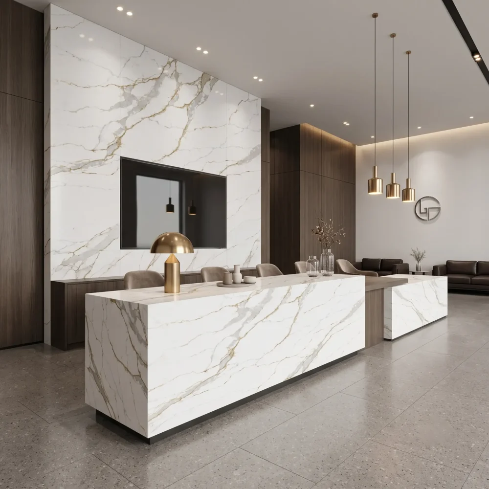 gq t389 feature pic warm calacatta gold quartz slab crisp pure white delicate gold vein soft silver grey linear accent 2