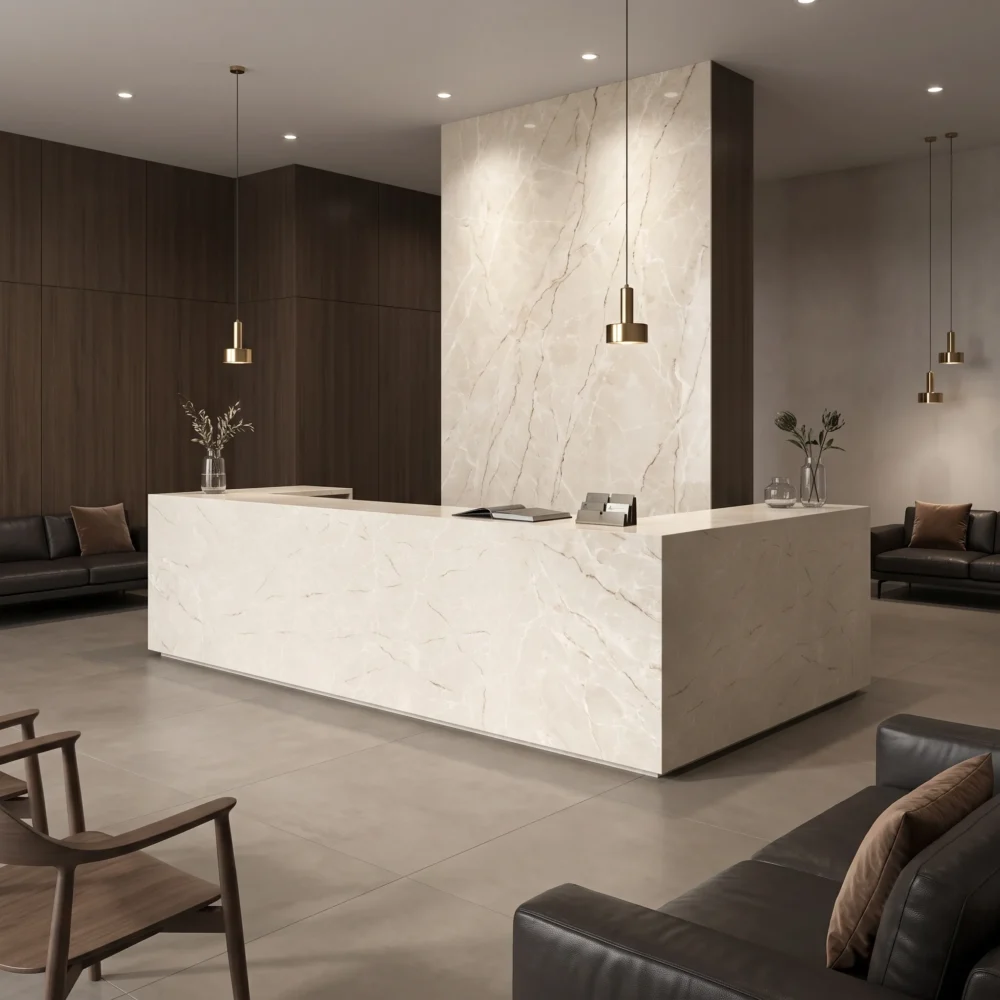 gq t390 feature pic warm crema marfil quartz surface soft warm cream white very faint gold brown linear vein 2