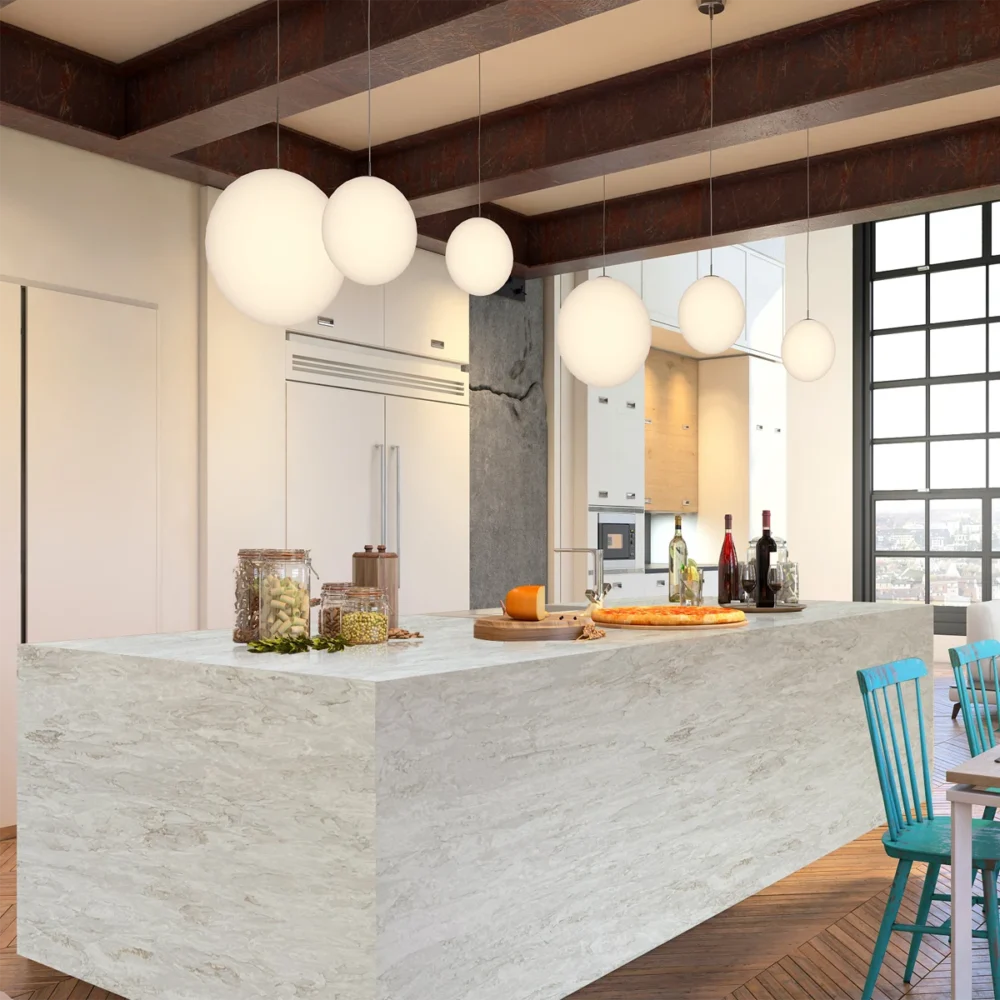 gq t431 application warm white onyx quartz slab pale icy grey white soft cool grey wavy vein faint taupe undertone